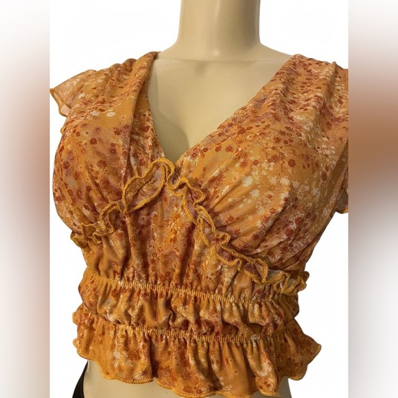Gypsies & Moondust Orange Ruffled Cap Sleeve Crop Blouse - Picture 3 of 5